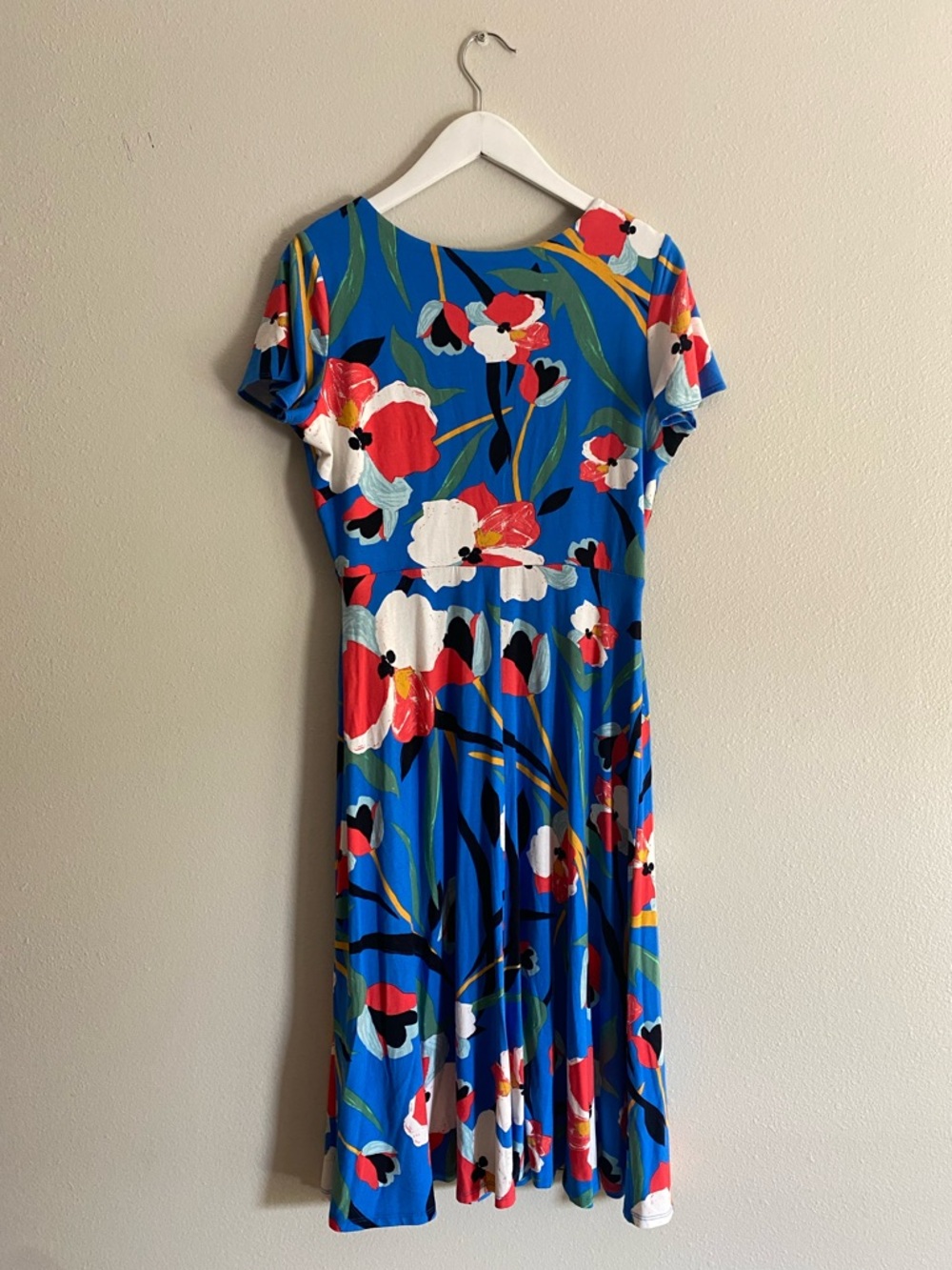 Sigrid Olsen Floral Faux Wrap Dress Size M Blue Red Tulip Print Jersey Midi - Picture 7 of 9